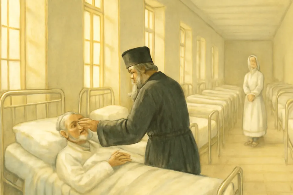 Watercolor-style scene of a priest in black seen from behind, praying beside a sick man's bed in a long, sunlit hospital ward of the 1950s