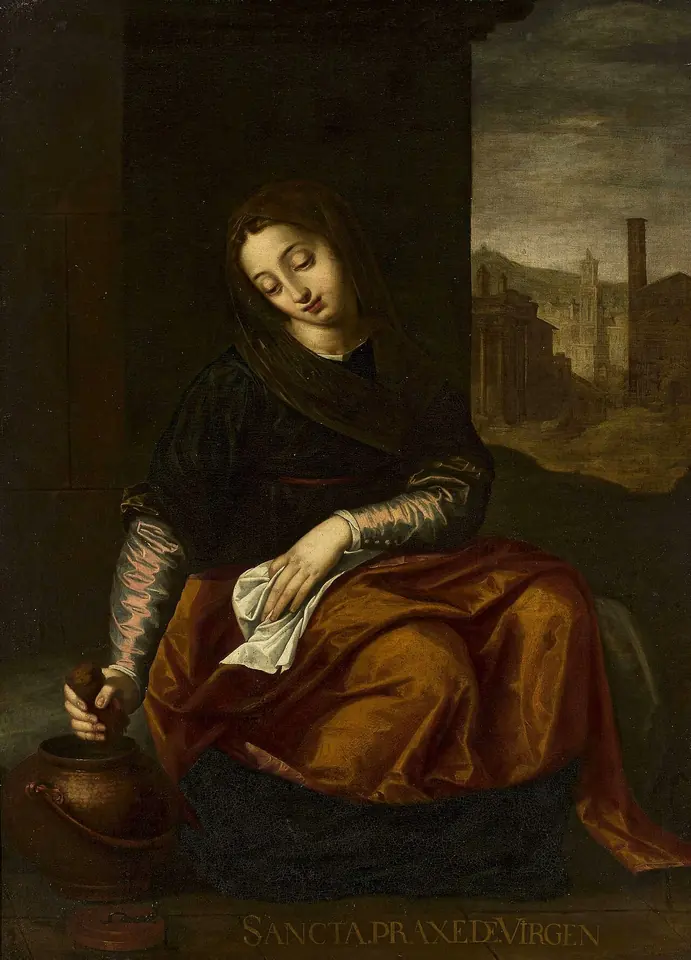 Painting of a young woman in a dark dress and red skirt seated on a step, wringing a white cloth over a brown jar, with Roman ruins and a column in the background