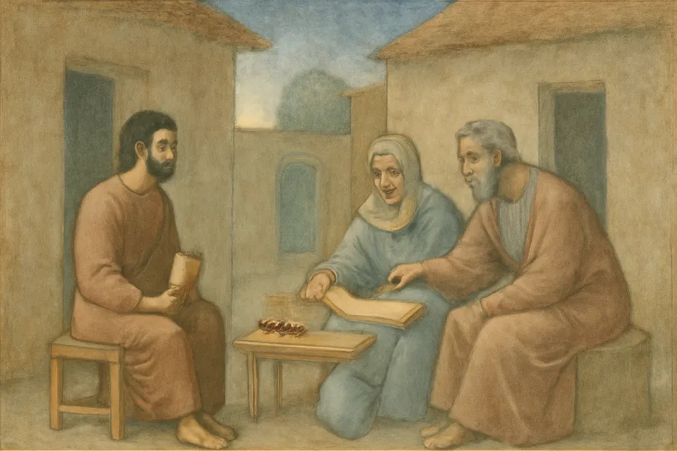 Fresco-style scene of Priscilla and Aquila in their home in Ephesus explaining the way of God to the young preacher Apollos