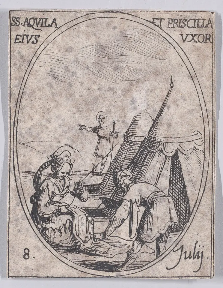 Small oval etching of a seated woman and a stooping man working beside a tent, with a figure on a hill behind them, labeled for July 8