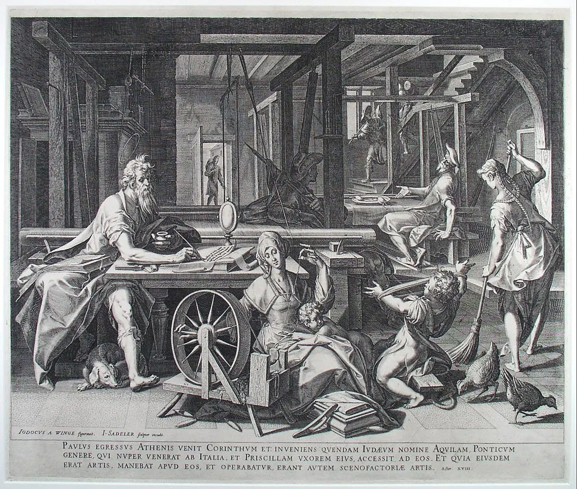 Engraving of a busy workshop where St. Paul writes at a table while Priscilla sits at a spinning wheel and workers weave and stitch cloth behind them