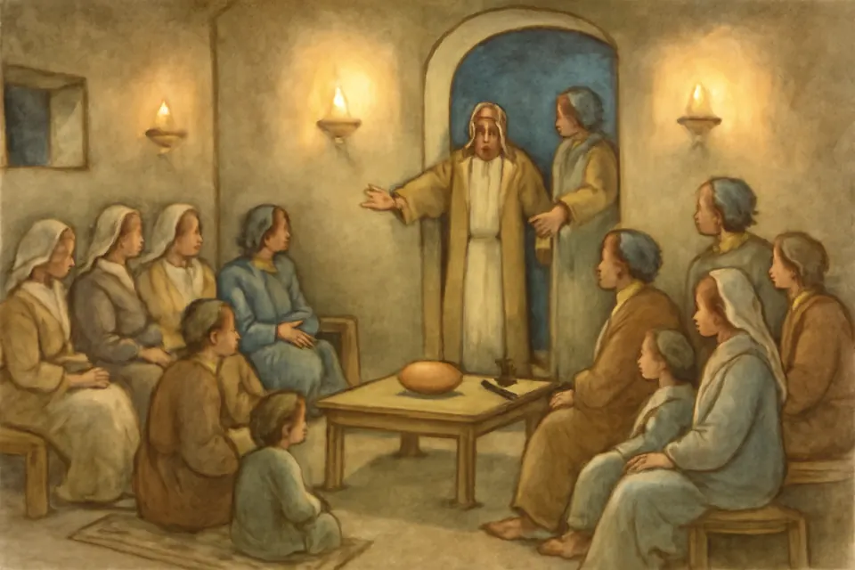Watercolor-style scene of an early Christian gathering in a Roman house, with a couple welcoming guests to share bread