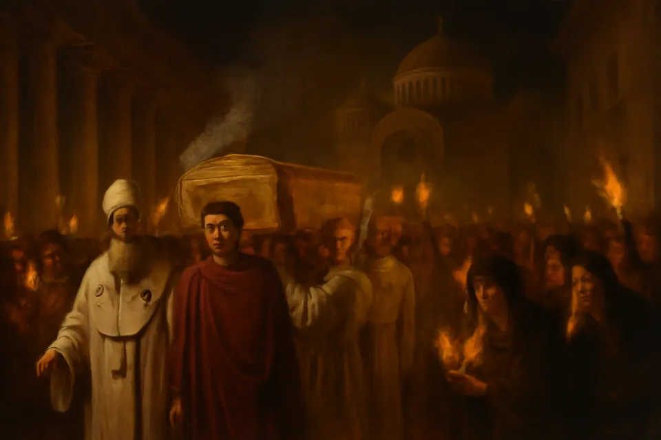 Oil-painting-style scene of a torch-lit night procession carrying a draped coffin through a late Roman city toward a domed church