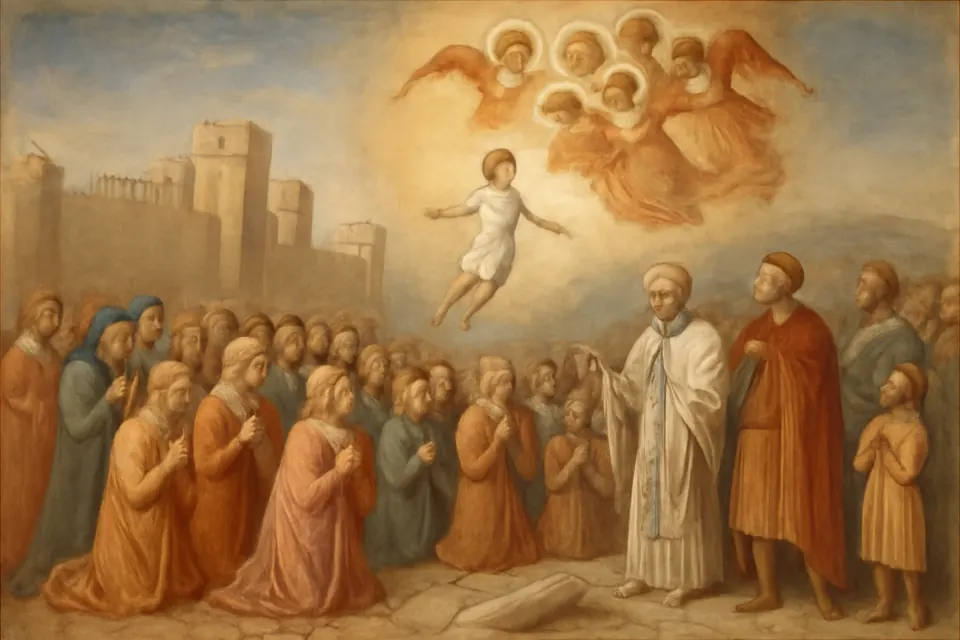 Fresco-style scene of a crowd praying in an open field outside a walled city while a small boy rises into the sky toward a host of angels