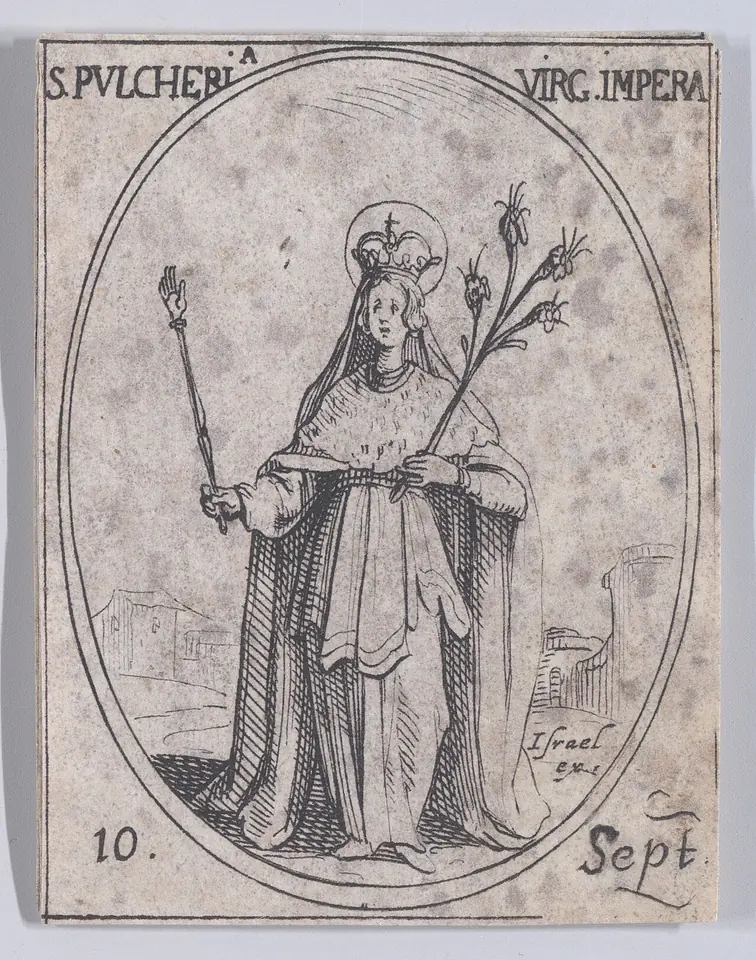 Small seventeenth-century etching in an oval of St. Pulcheria standing crowned, holding a scepter and a stem of lilies, labeled for September 10