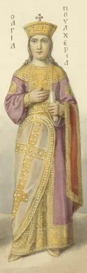Colored drawing of a standing Byzantine empress in a gold crown, a jeweled tunic and a red cloak, labeled in Greek