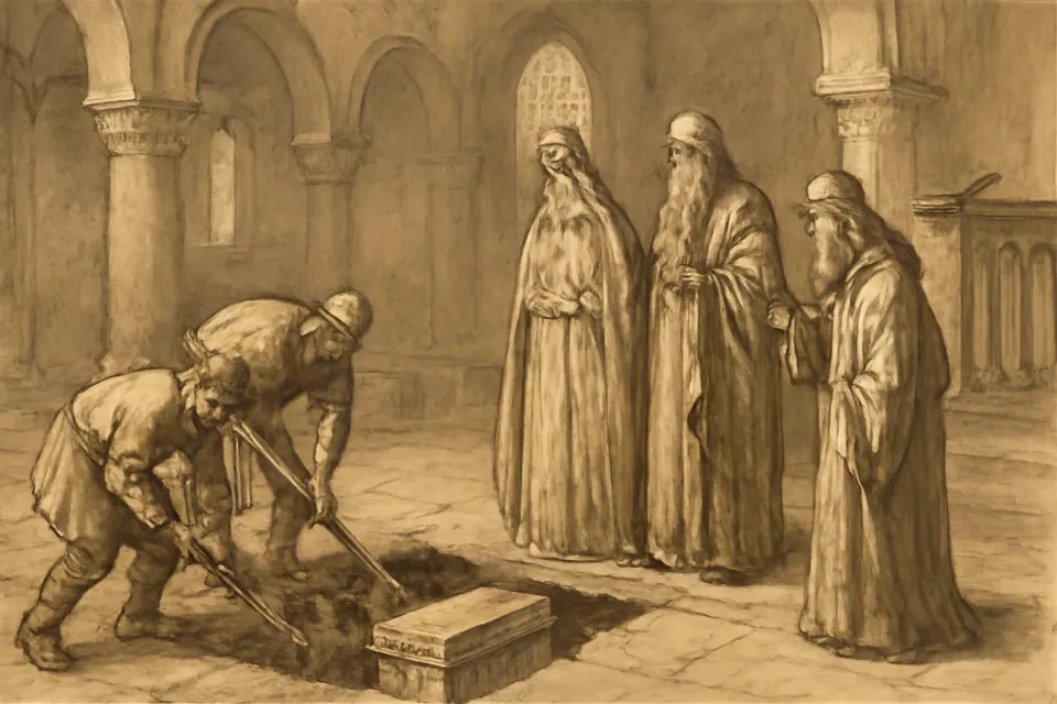Ink-drawing-style scene of an empress watching workers uncover a marble chamber beneath a church floor by lamplight