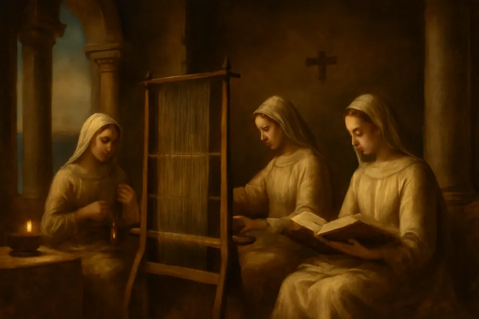 Oil-painting-style scene of three young Byzantine princesses in plain robes weaving and singing psalms together in a palace room