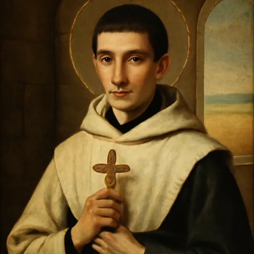 Oil-painting-style portrait of St. Rafael Arnáiz Barón, a thin young Trappist in a white cowl, with a gentle smile and a small crucifix in his hands