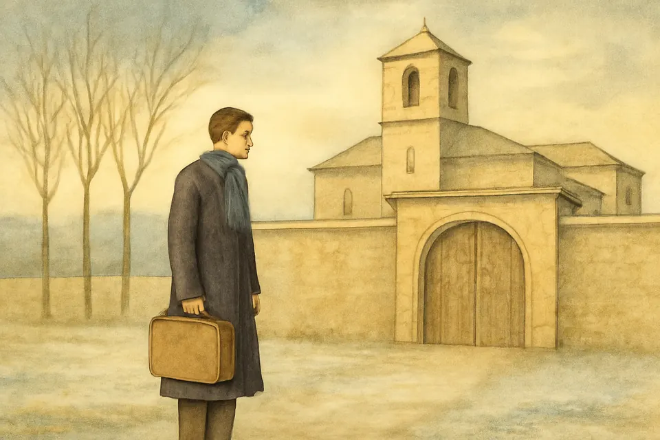 Watercolor-style scene of a young man in a dark overcoat with a small suitcase standing at the gate of a stone monastery on a cold winter morning