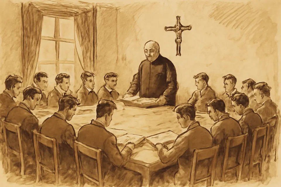 Ink-drawing-style scene of young seminarians studying around a table in a plain city house with covered windows