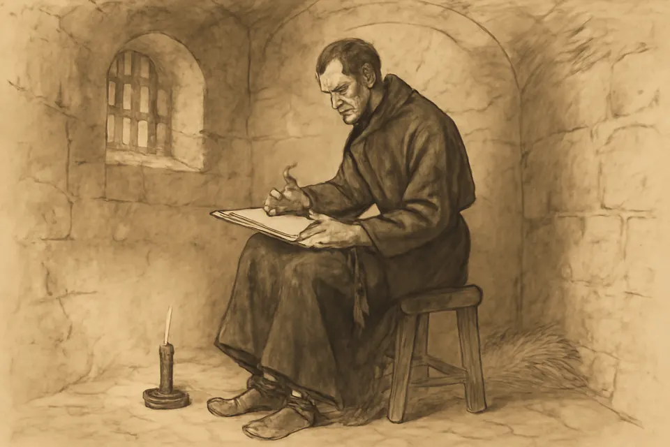 Ink-drawing-style scene of a priest in shackles writing a letter by candlelight in a stone prison cell