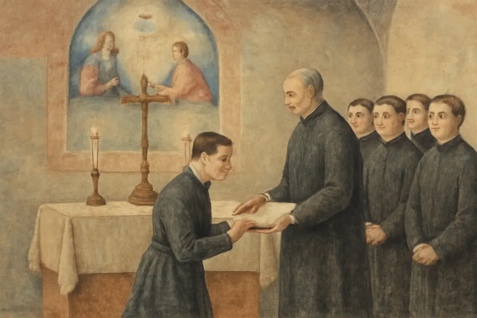 Fresco-style scene of a young priest kneeling with his hand on a book before the rector in a Roman college chapel while other students look on