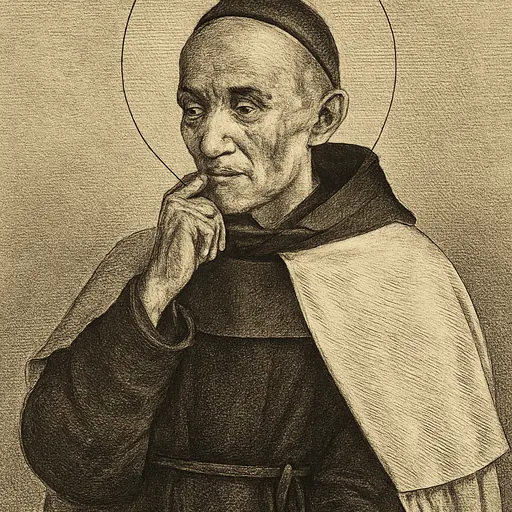 Engraving-style portrait of St. Raphael Kalinowski as an elderly Carmelite friar with a shaved head and skullcap, in a brown habit and white mantle, resting his chin on his hand