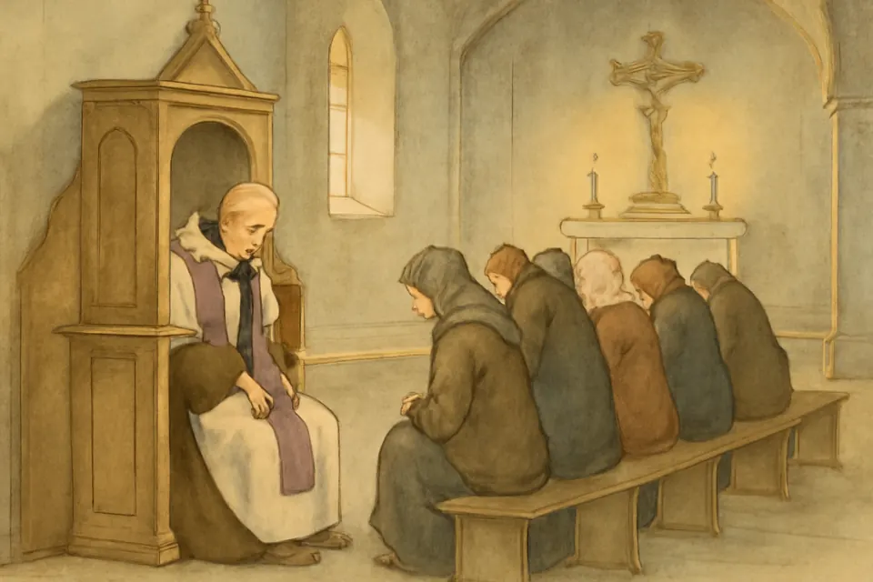Watercolor-style scene of an old Carmelite friar hearing confessions in a simple church in Wadowice while people wait in line