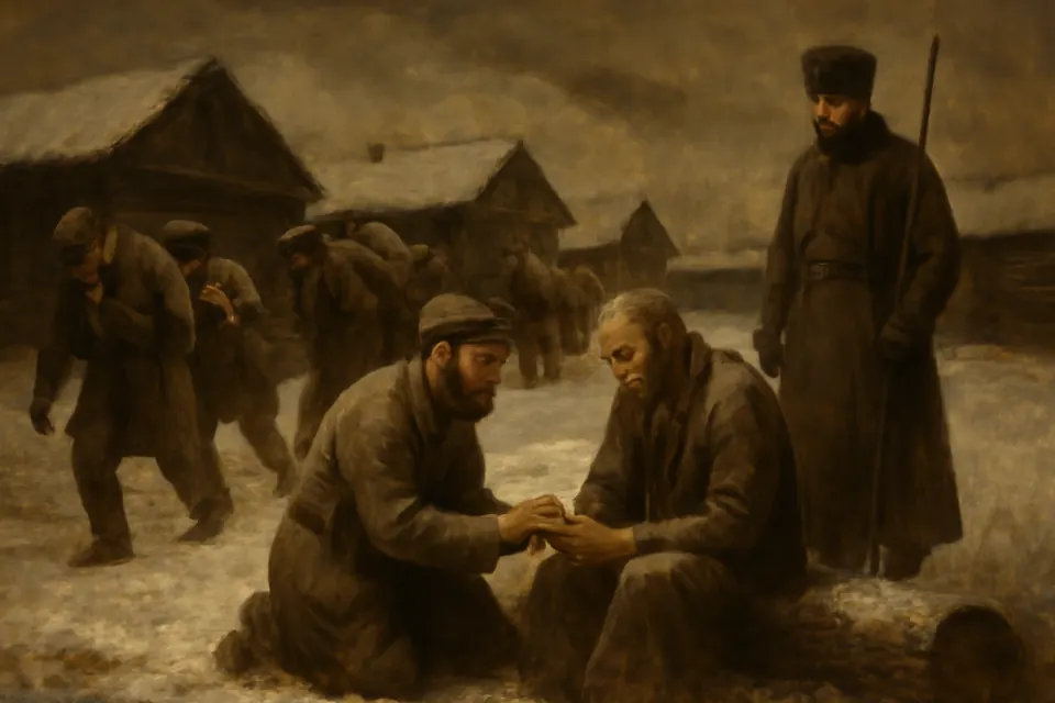 Oil-painting-style scene of Polish political prisoners in winter at a Siberian labor camp, one gaunt bearded man sharing his bread with an exhausted companion