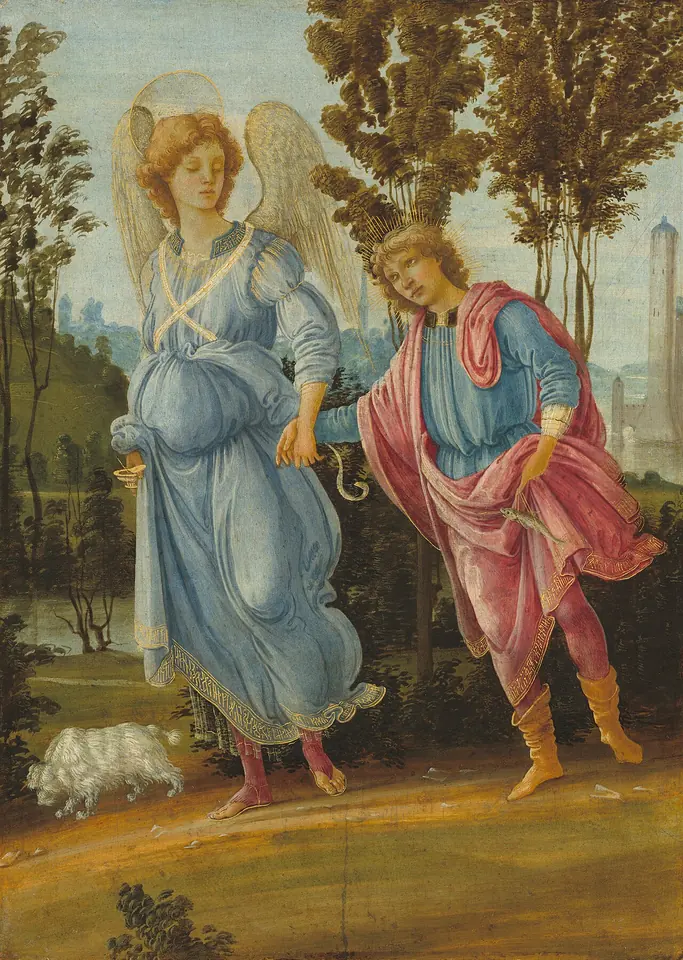 A fair-haired angel in a pale blue robe and a youth in pink walk hand in hand along a path through a wooded landscape, a small white dog beside them
