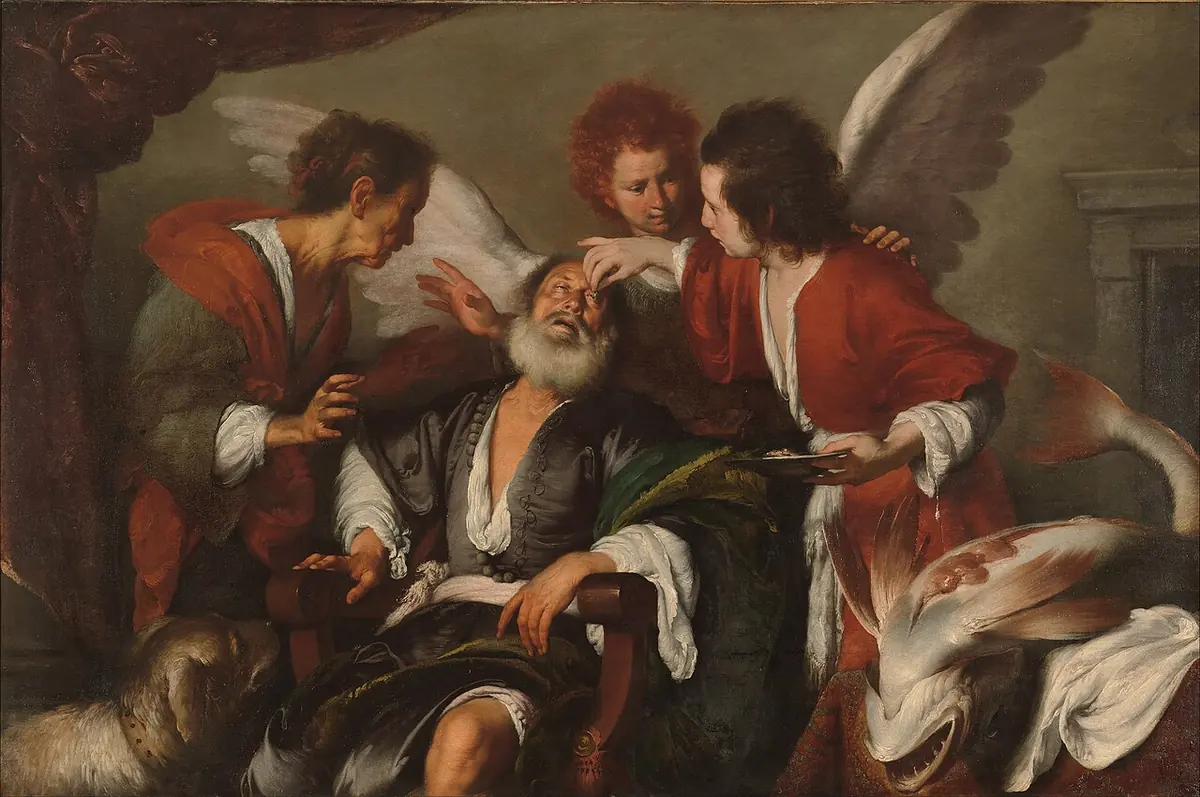 Old blind Tobit sits in a chair while a young man in red touches his eye and holds a dish of gall, with the winged angel close behind, Tobit's wife Anna leaning in and the great fish lying on the floor