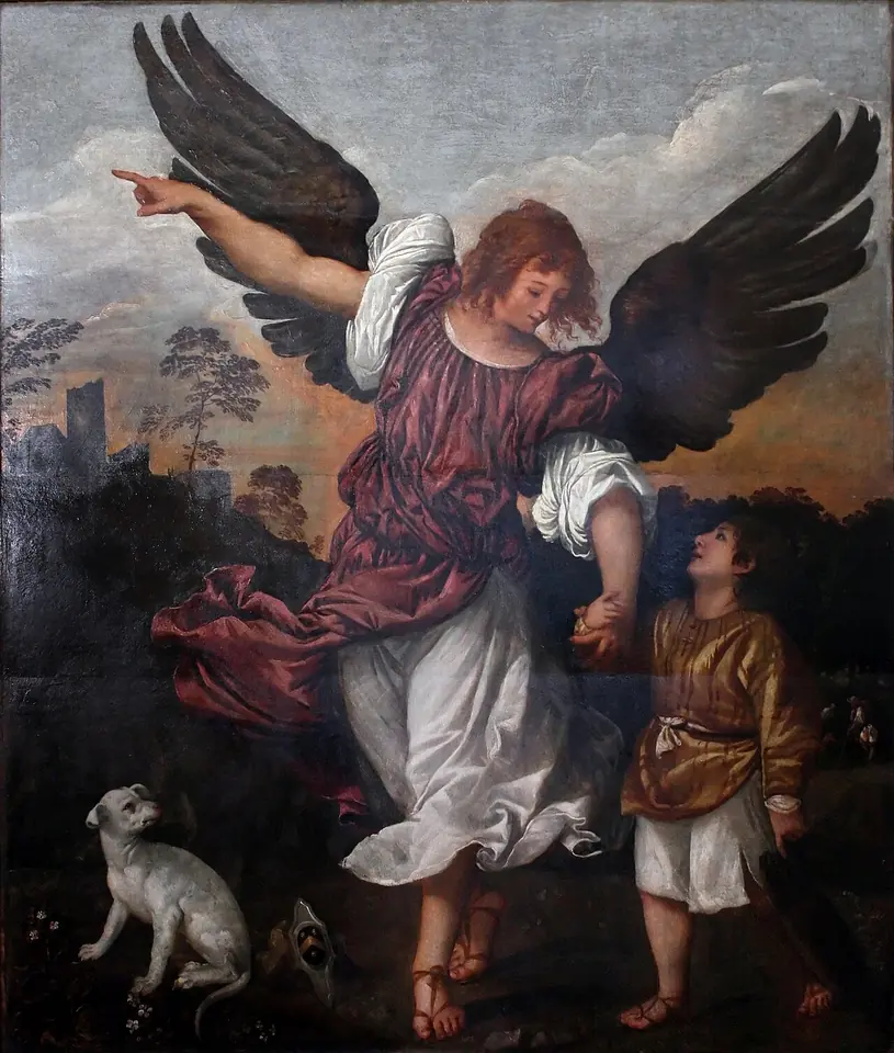 A tall dark-winged angel in rose and white robes points ahead as he leads a boy by the hand through a landscape, with a small white dog at their feet