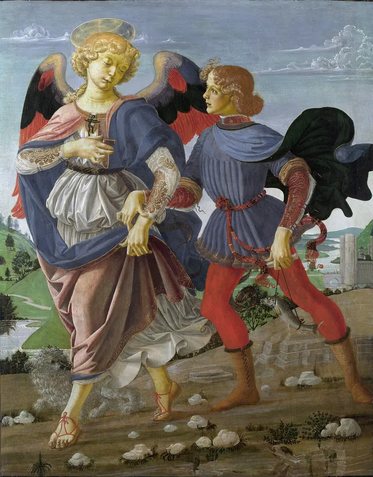 A curly-haired angel in a rose and gray robe holds a small gold box and walks arm in arm with a young Florentine in a blue tunic who carries a fish, with a little white dog trotting at the angel's feet