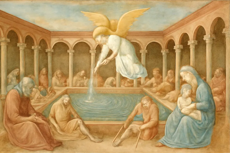 Illustration of the pool of Bethesda in Jerusalem, where an angel stirs the water as sick people wait under the colonnades