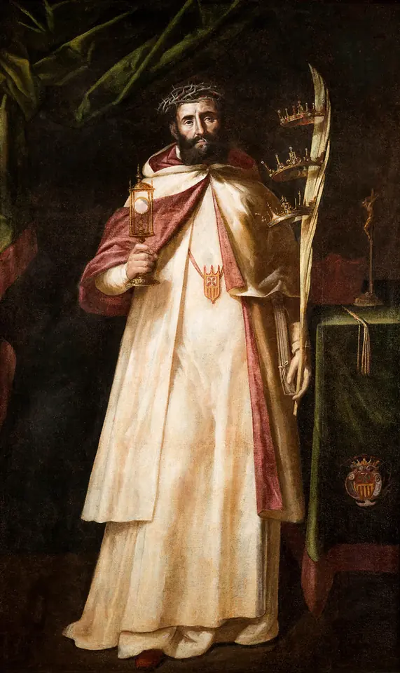 Baroque painting of a bearded friar in a white habit and cape with a red shield, holding a monstrance and a palm branch with three crowns