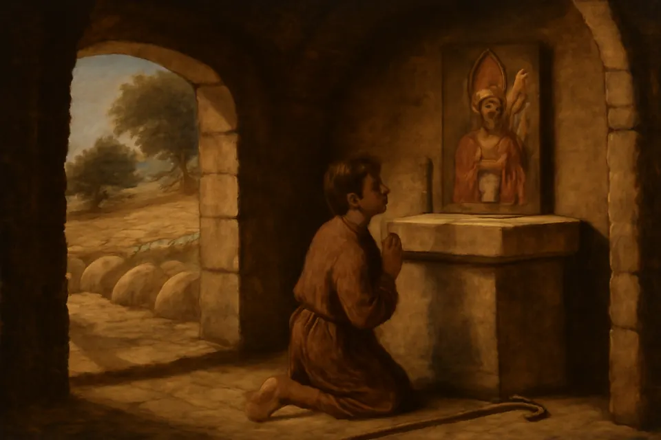 Illustration of the boy Raymond kneeling in prayer in a small country chapel while his sheep wait outside the door