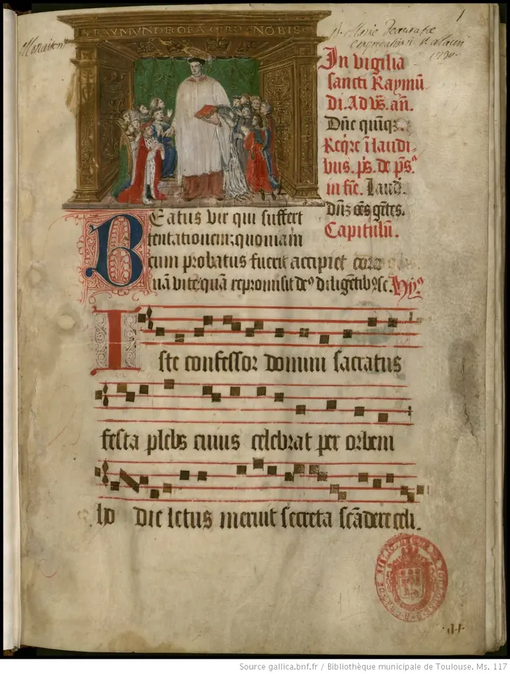An illuminated manuscript page with a painting of a haloed man in a red dalmatic and white surplice holding a book, standing under a Renaissance arch with kneeling clergy and lay people around him, above lines of Latin chant with square notes