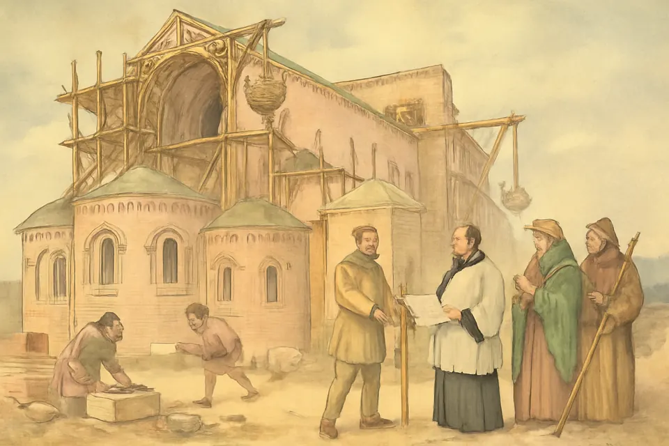 Watercolor-style scene of masons and laborers building a vast Romanesque brick and stone church, overseen by a canon in a white surplice holding plans