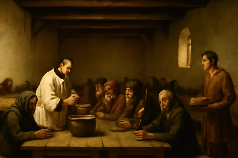 Oil-painting-style scene of a canon serving soup to poor travelers and pilgrims at long tables in a simple medieval hospice hall