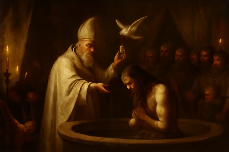 Oil-painting-style illustration of a white dove descending through a crowded baptistery carrying a small flask in its beak to a bishop standing beside a king in a baptismal font