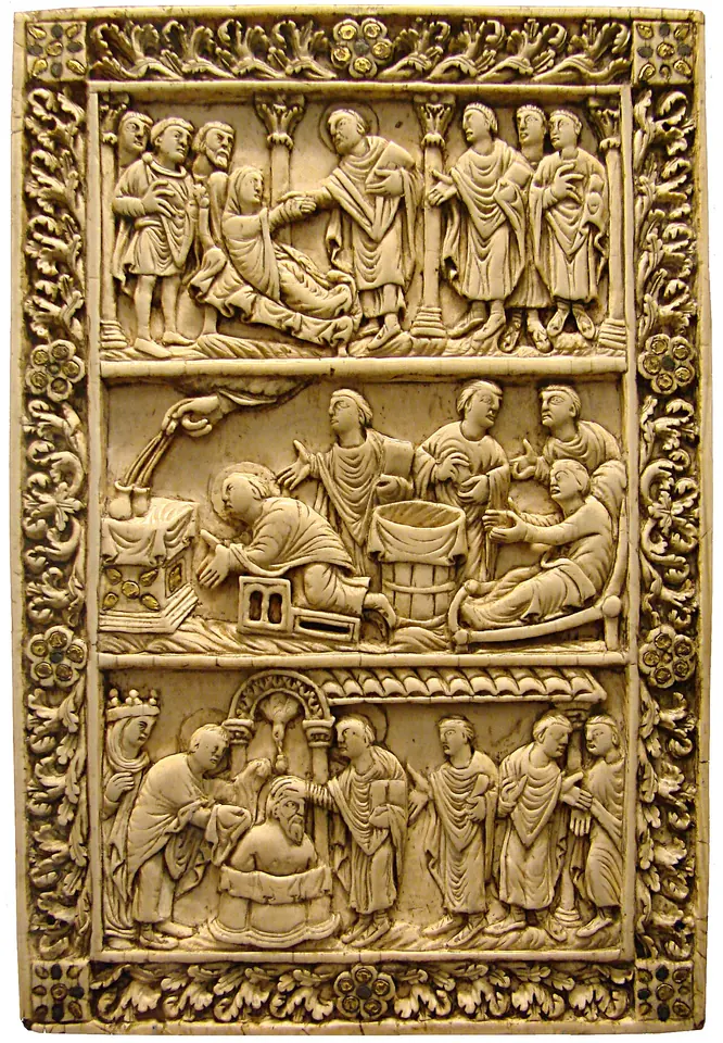 Carved ivory panel in three rows framed by leaves, showing a bishop raising a girl from her bed, the Hand of God filling two flasks, and the baptism of a king in a font with a dove above