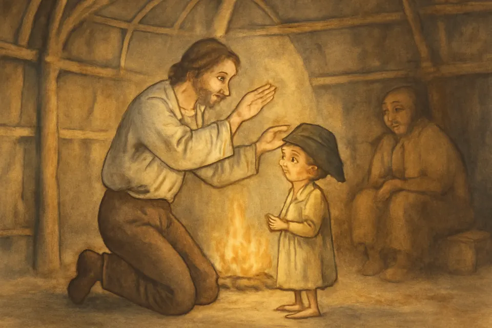 Illustration of René Goupil gently tracing the sign of the cross over a small Mohawk child inside a longhouse