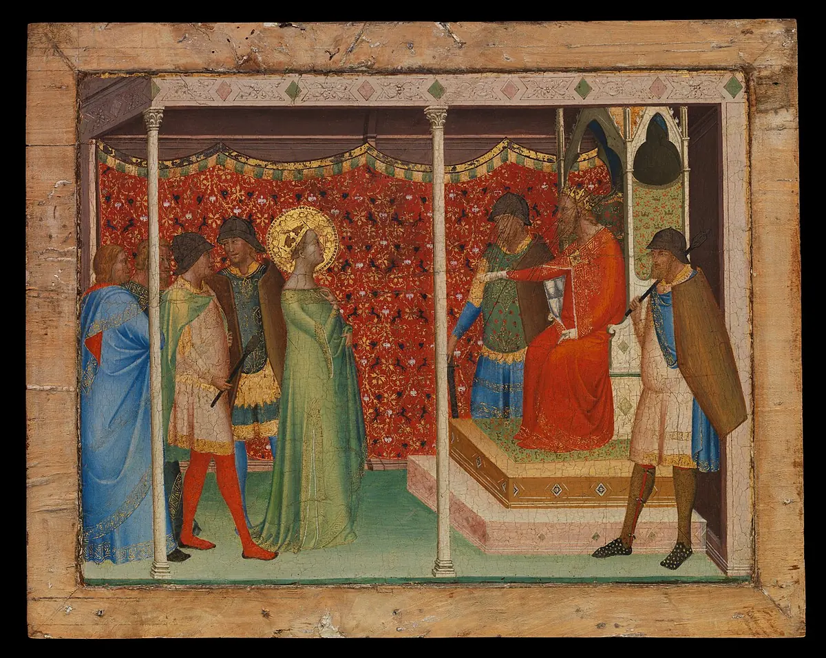 Gold-ground panel painting of a young haloed girl in a green gown standing before an enthroned emperor in red, surrounded by courtiers