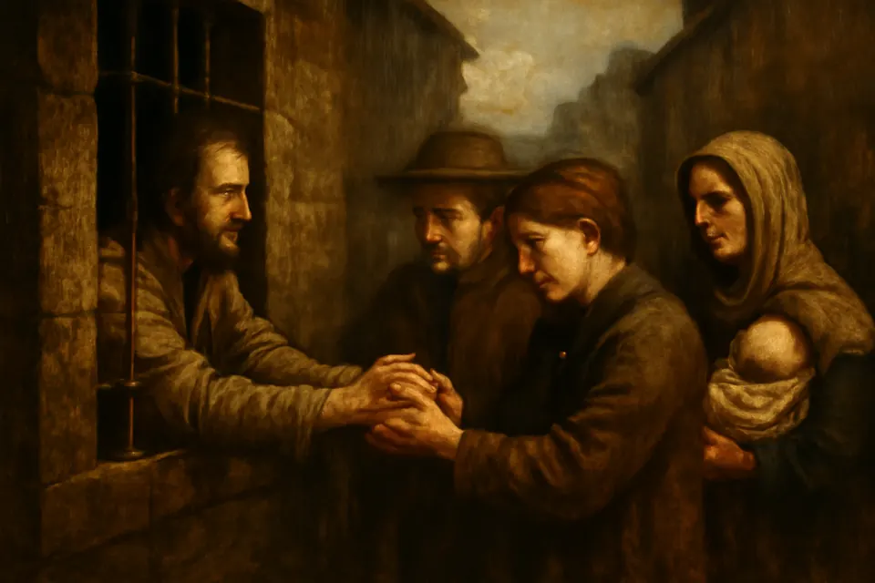Oil-painting-style scene of a chained prisoner reaching his hands through a barred window to clasp the hands of weeping townspeople outside a jail