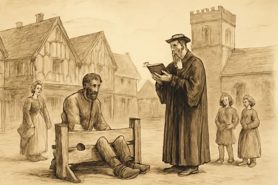 Ink-drawing-style scene of a chained man sitting in the wooden stocks in a small-town market square while a preacher in a black gown lectures him and townspeople watch
