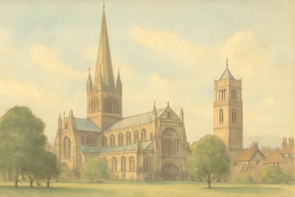 Watercolor-style view of a great medieval cathedral with a tall spire and a separate bell tower above the rooftops of a small English city