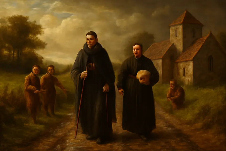 Oil-painting-style scene of a bishop in a simple traveling cloak walking a Sussex lane beside a parish priest, both on foot, with a small village church behind them