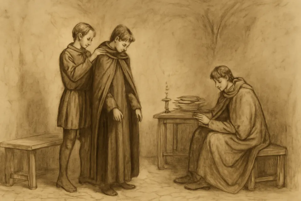 Ink-drawing-style scene of three poor medieval students in a bare Oxford room, one putting on the single scholar's gown they share while the other two wait in plain shirts