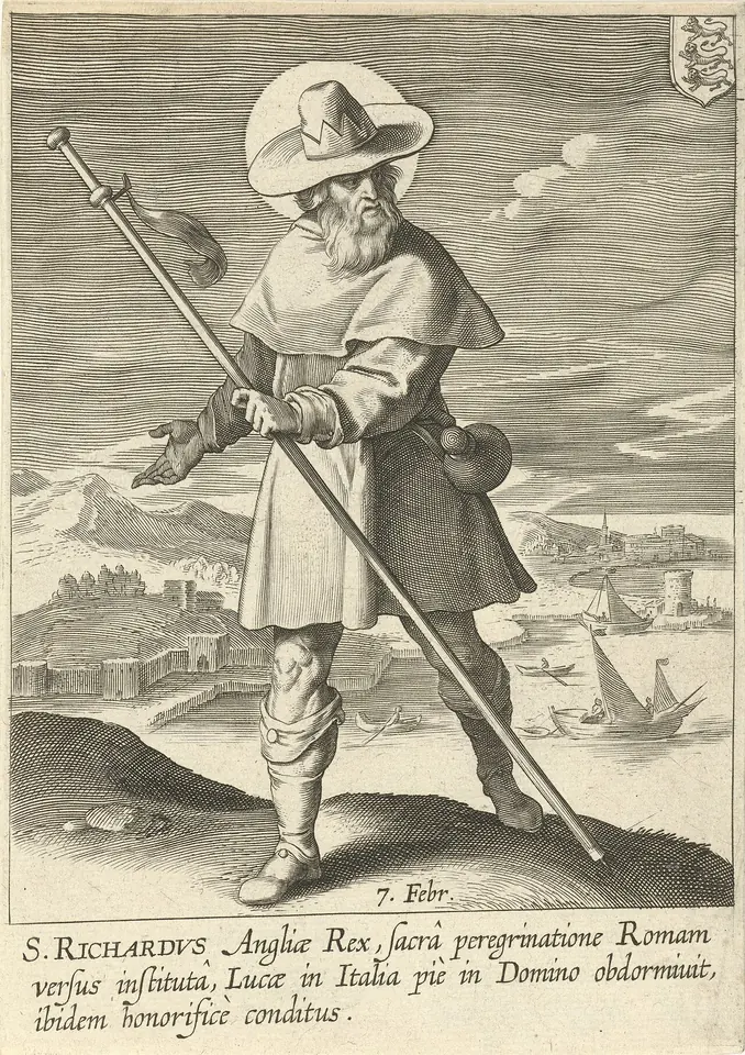Engraving of a bearded pilgrim in a wide hat and cloak holding a tall staff and a bag, walking by a coast with ships and a town, with a Latin inscription below