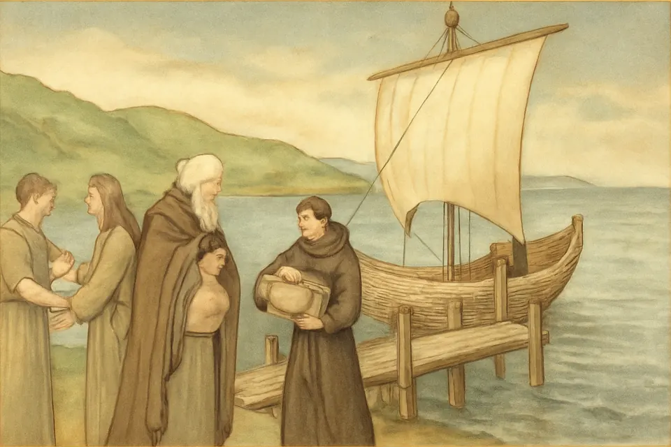 Watercolor-style scene of a father and two young sons boarding a small sailing ship at a river mouth on the English coast