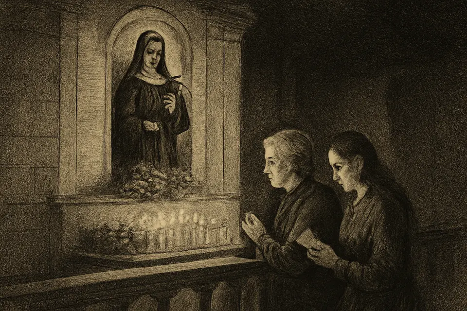 Oil-painting-style illustration of a mother and her adult daughter praying before a statue of St. Rita with a thorn wound on her forehead, holding roses