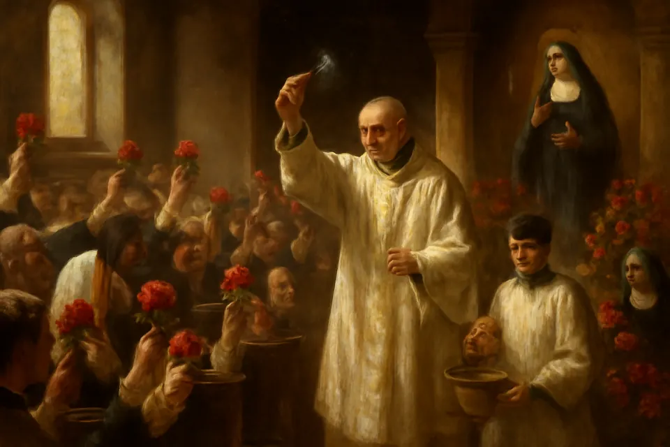 Oil-painting-style illustration of families holding red roses up to be blessed by a priest with holy water at Mass on St. Rita's feast