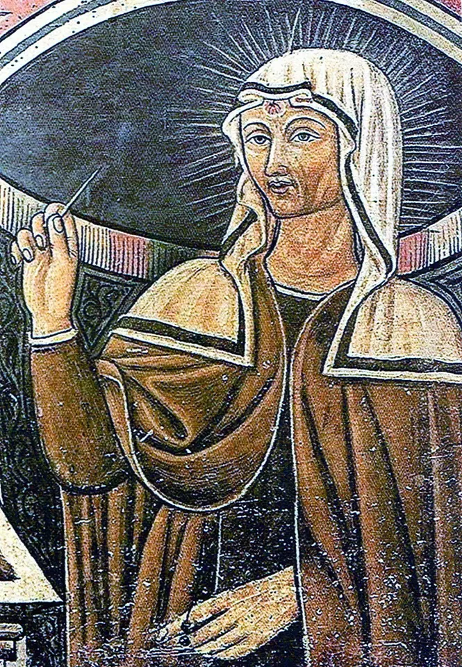 Painted portrait of St. Rita in a brown habit and white veil inside a round arch, pointing to a thorn piercing her forehead