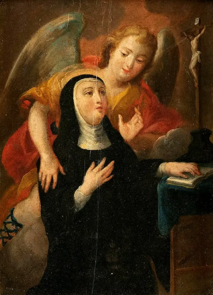 Painting of St. Rita in a black habit and white wimple with her hand on her heart, an angel behind her pointing to a crucifix