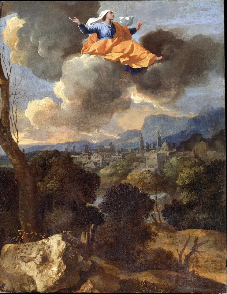 Landscape painting with a small figure of St. Rita in orange and blue carried through the sky on clouds, above trees, rocks and a distant town