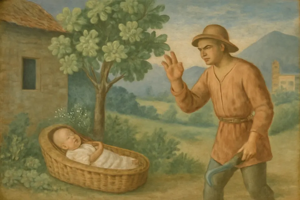 Illustration of white bees flying around the baby Rita asleep in a wicker cradle in a mountain garden, as a farmer with a bleeding hand stops beside her