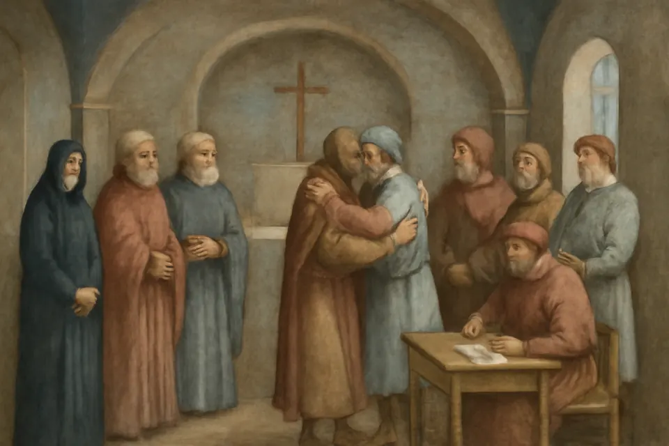 Illustration of Rita, a widow in a dark dress and veil, watching two men from feuding families embrace in a medieval church while a notary writes