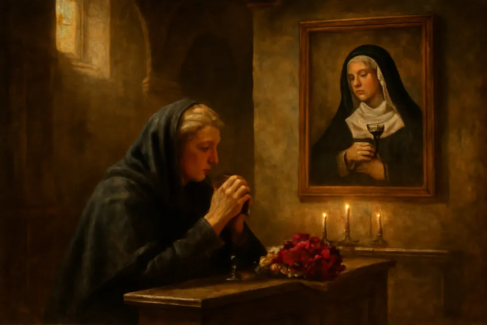 Oil-painting-style illustration of an older woman kneeling in a dim church before a painting of St. Rita, a bunch of red roses laid on the altar rail beside her
