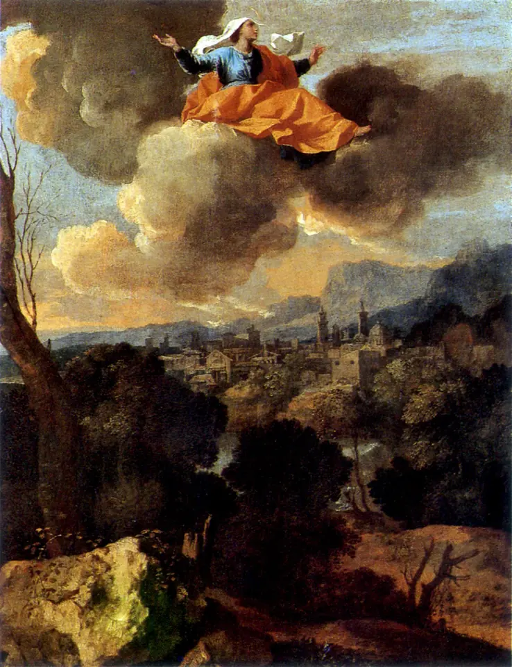 Painting of a woman in a white veil, blue dress and orange mantle carried on a cloud with arms outstretched, high above a wooded valley and a walled hill town